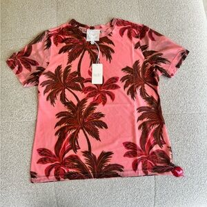 Johnny Was Jade Pink Tropical Palm Print Mesh Tee Short Sleeve Top NWT Size XXL